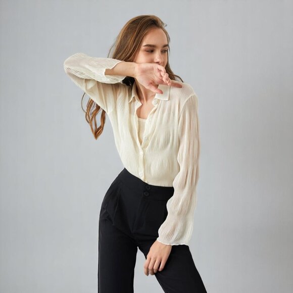 NWT J.ING Jing Aaliyah Wheat V-Neck Sheer Button Down Shirt - Picture 2 of 6